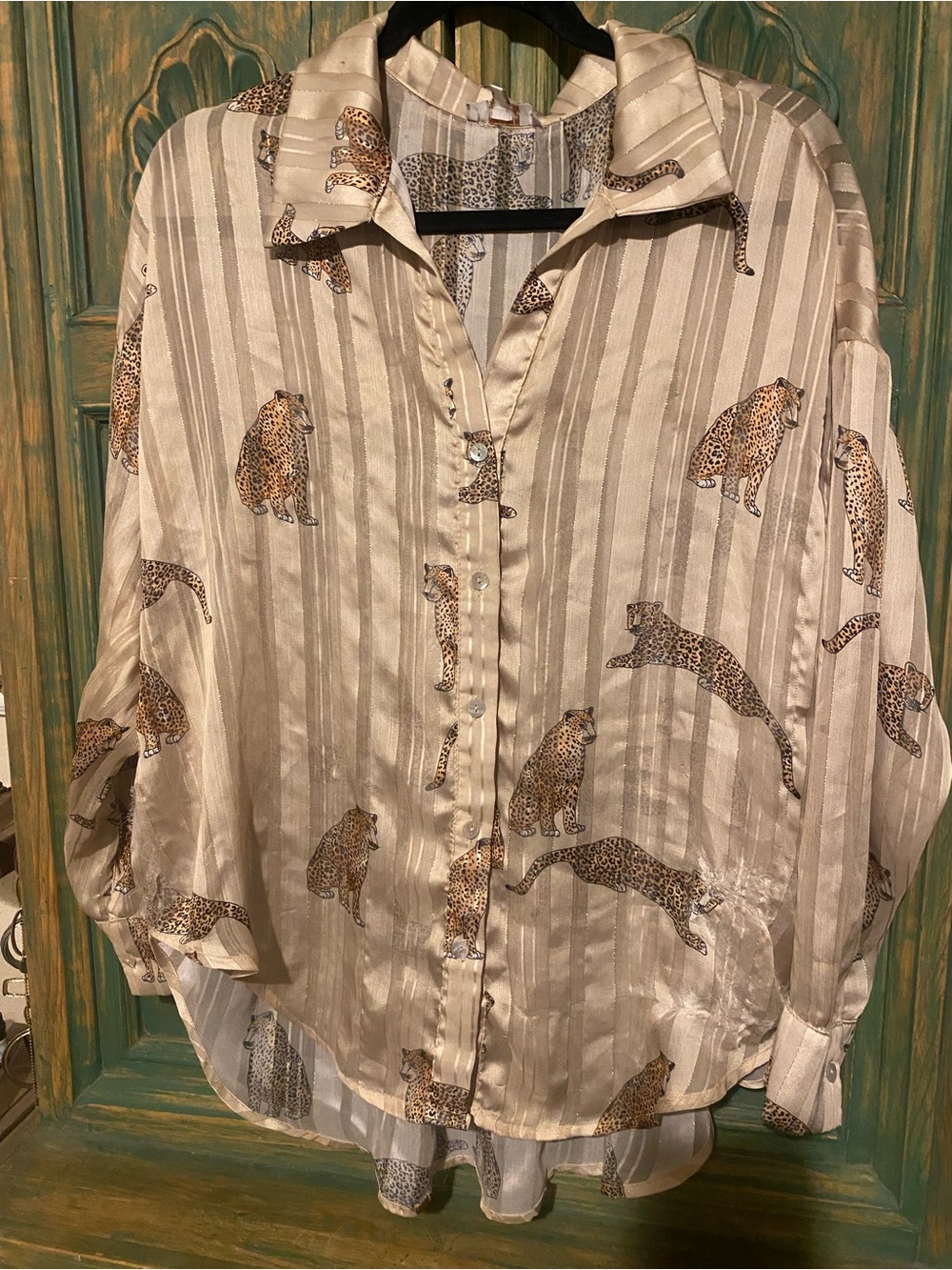Silky Beige Leopard Print Button-Up Shirt - Women’s